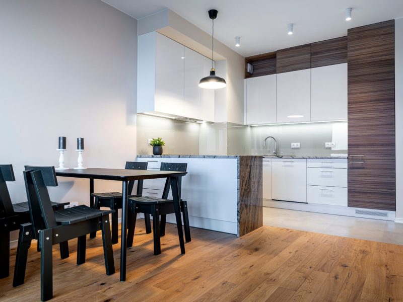 Modern scandinavian living room interior design with open kitchen and wooden floor